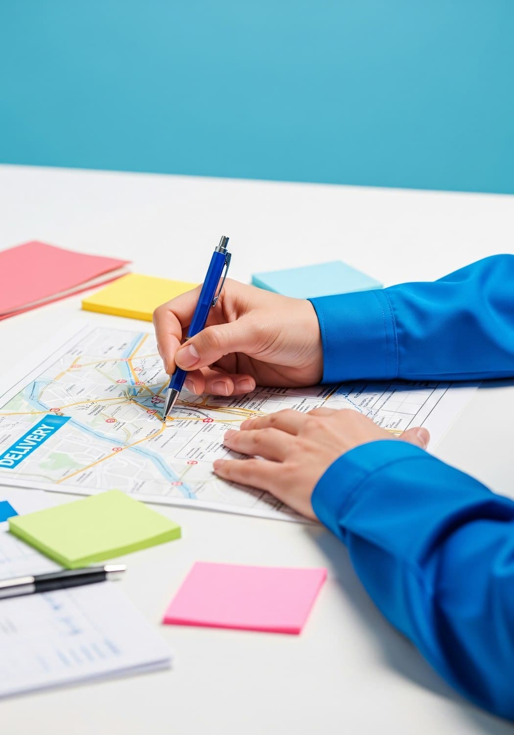 A traveller planning a route on a map surrounded by notes