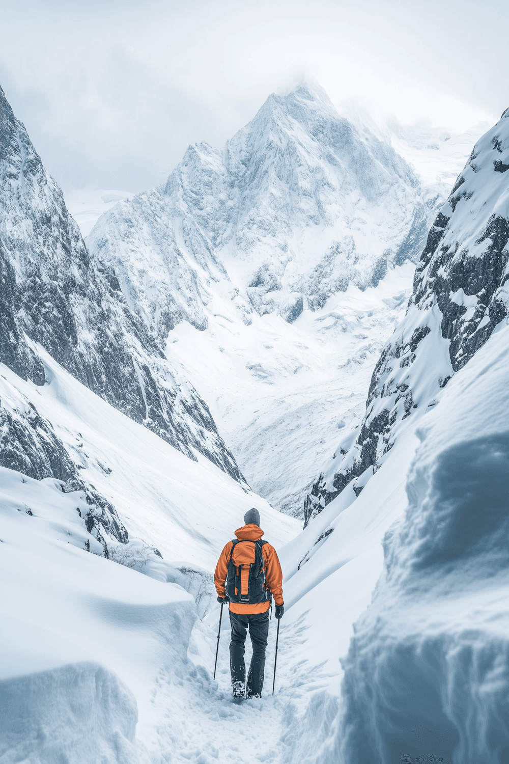 A lone hiker in an orange jacket on a snowy mountain path