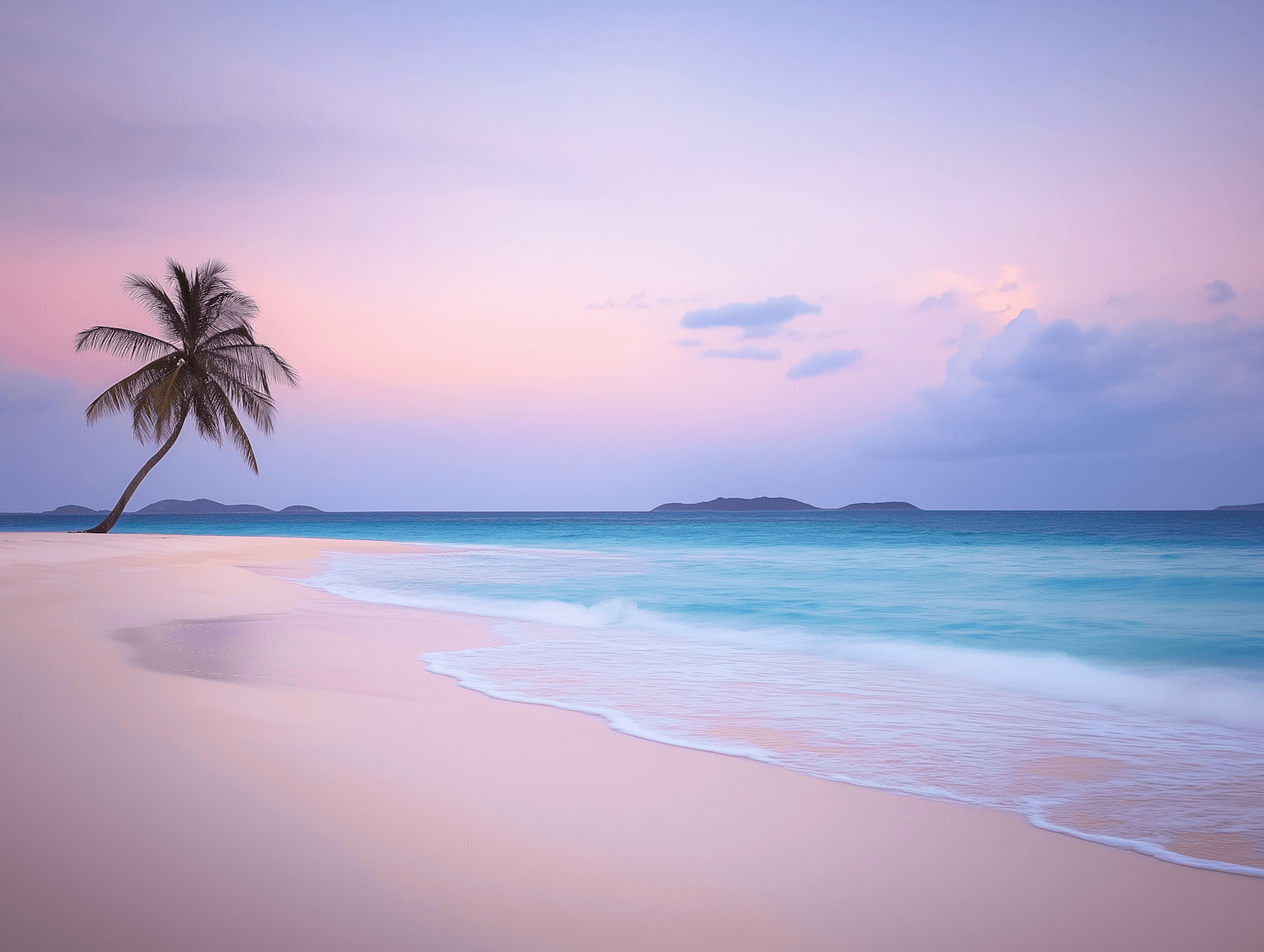 A leaning palm tree on a tropical beach at a pastel sunset