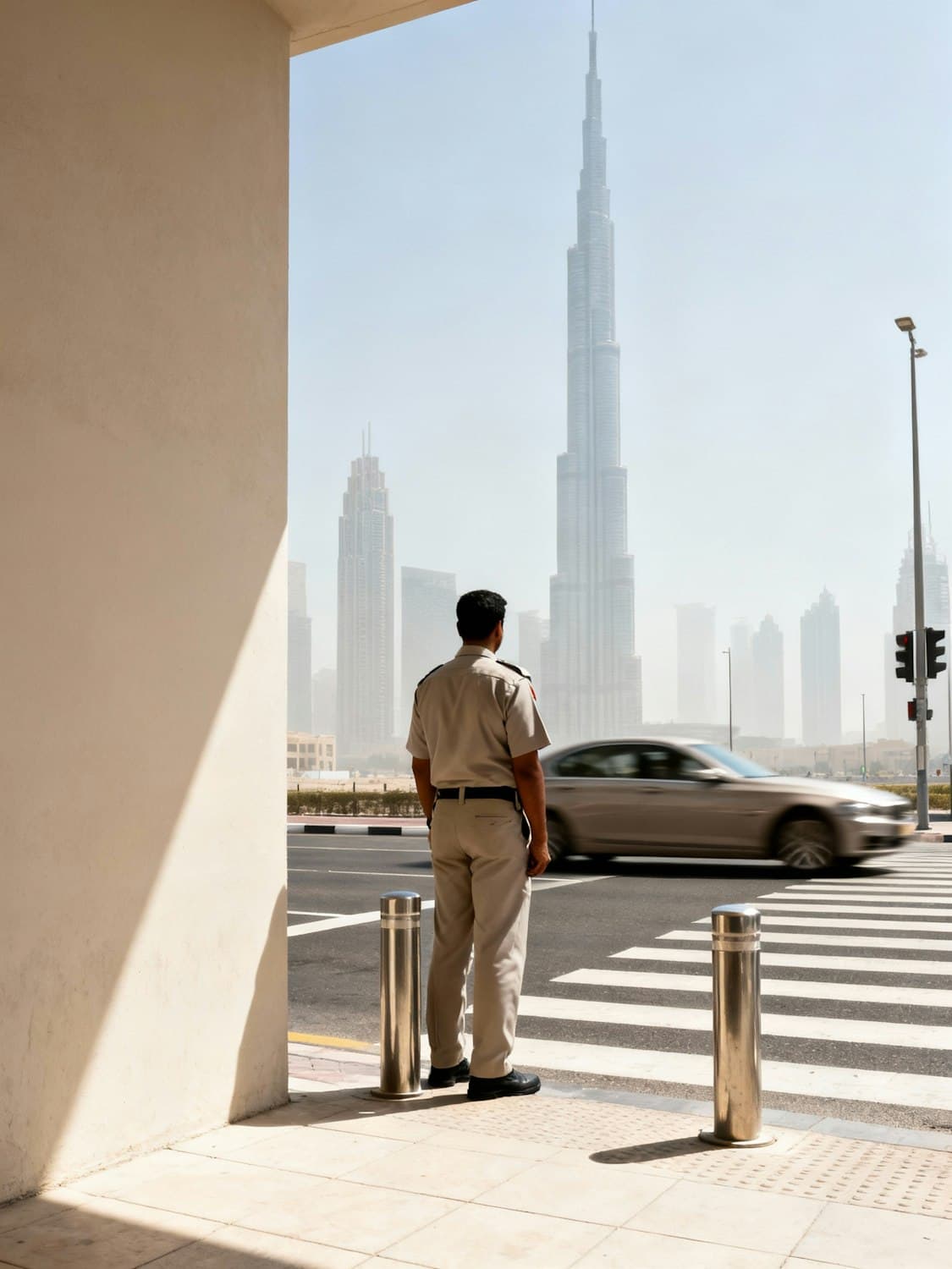 The Burj Khalifa rising above a sunny Dubai street
