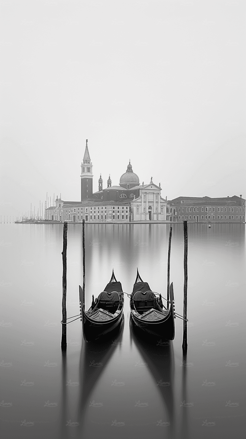 Two gondolas on a misty canal in front of a grand domed church