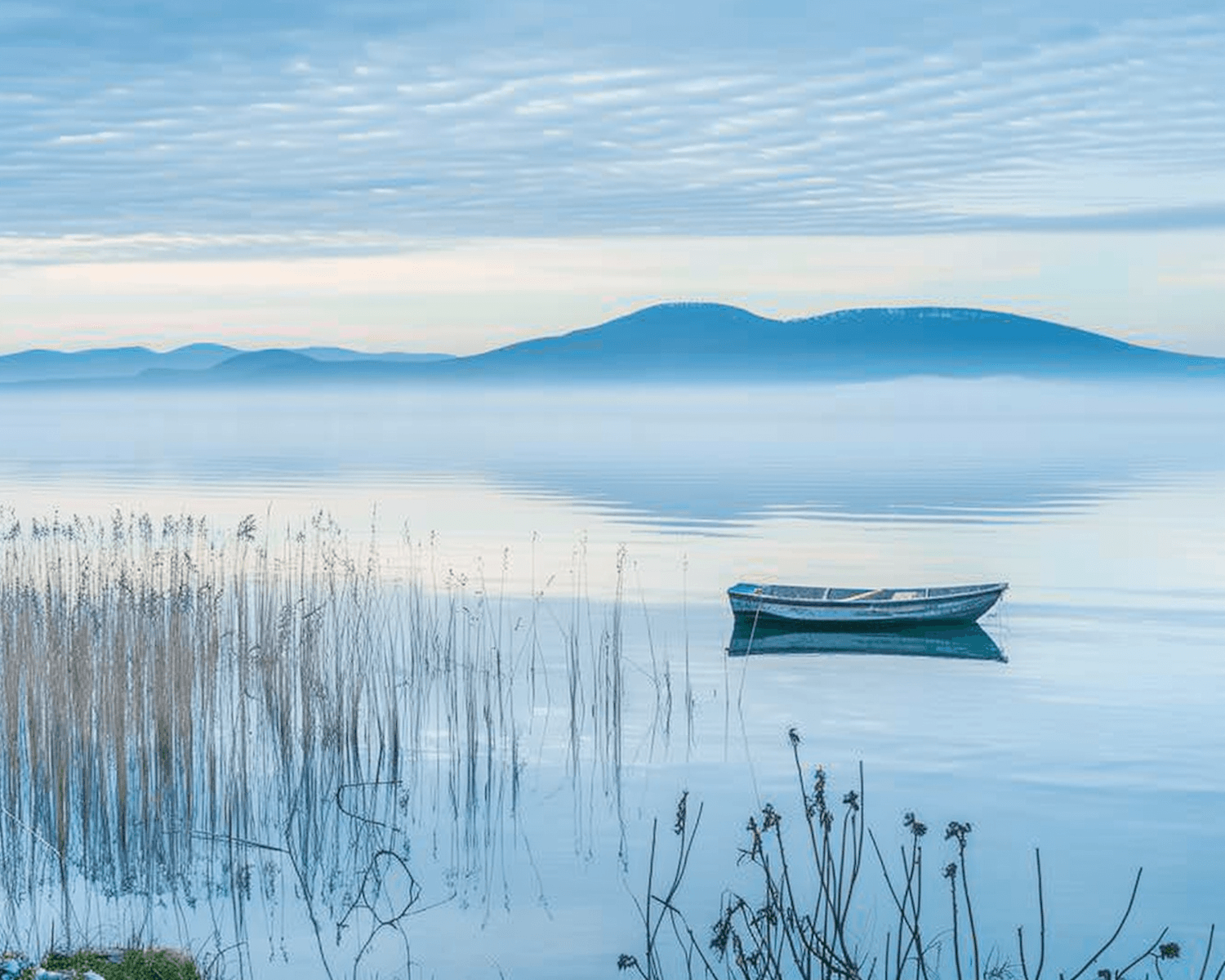 A wooden boat on a calm lake with misty hills behind