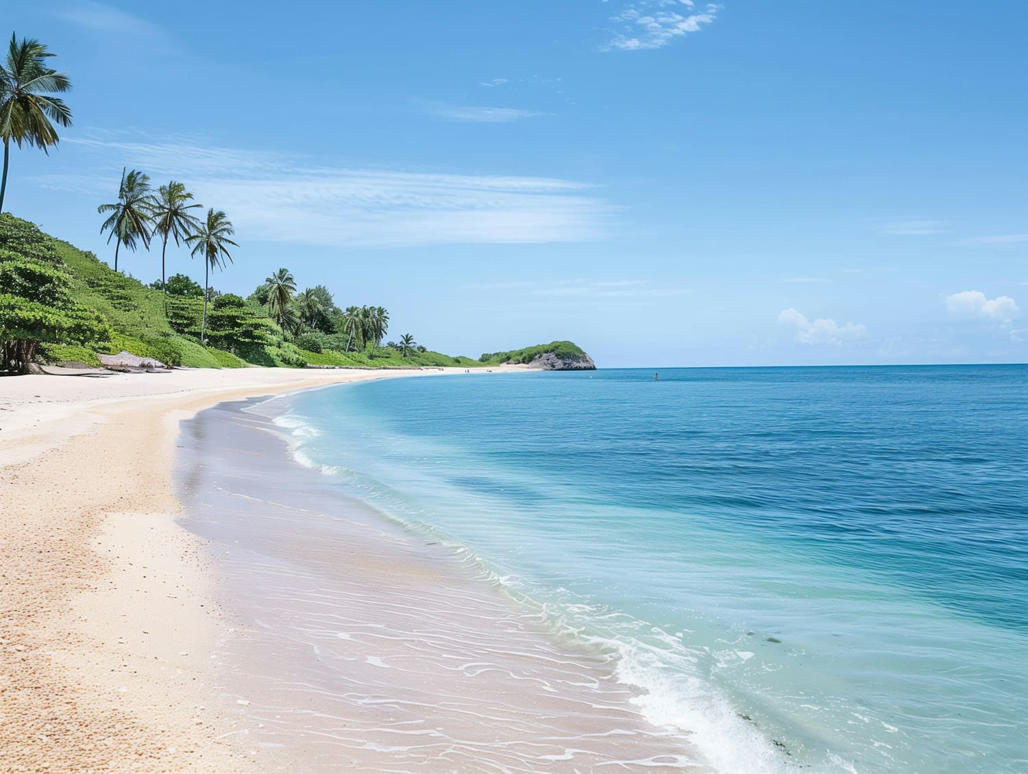 Golden sand, palm trees and turquoise waves on a tropical beach