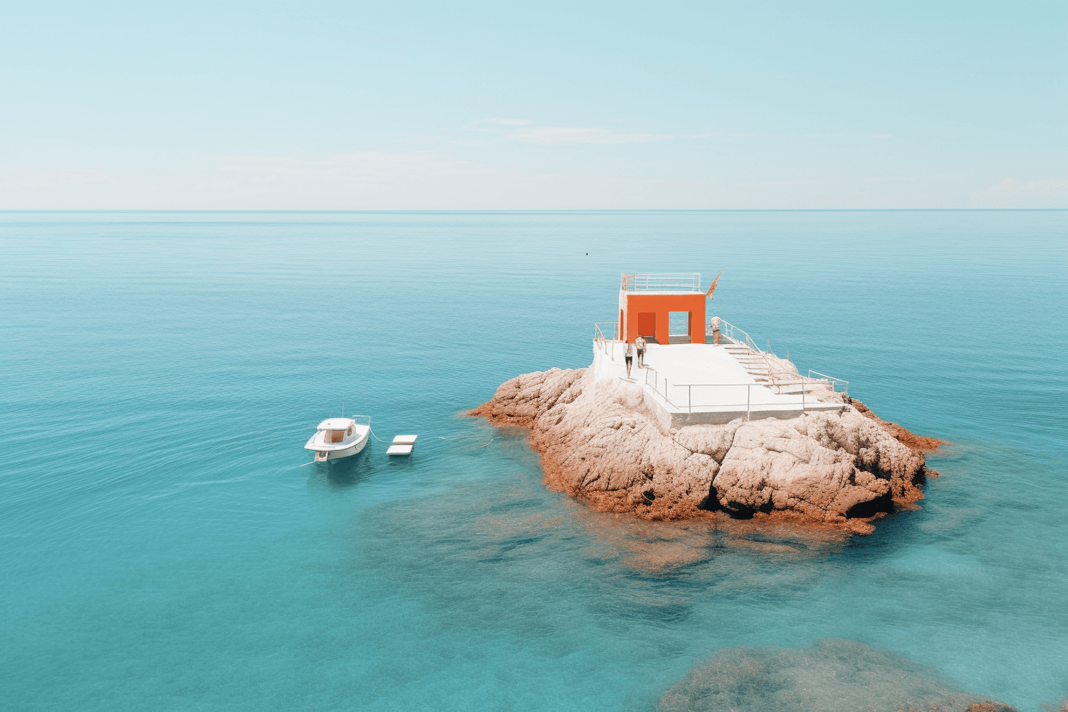A small boat anchored beside a rocky island with a bright orange shrine
