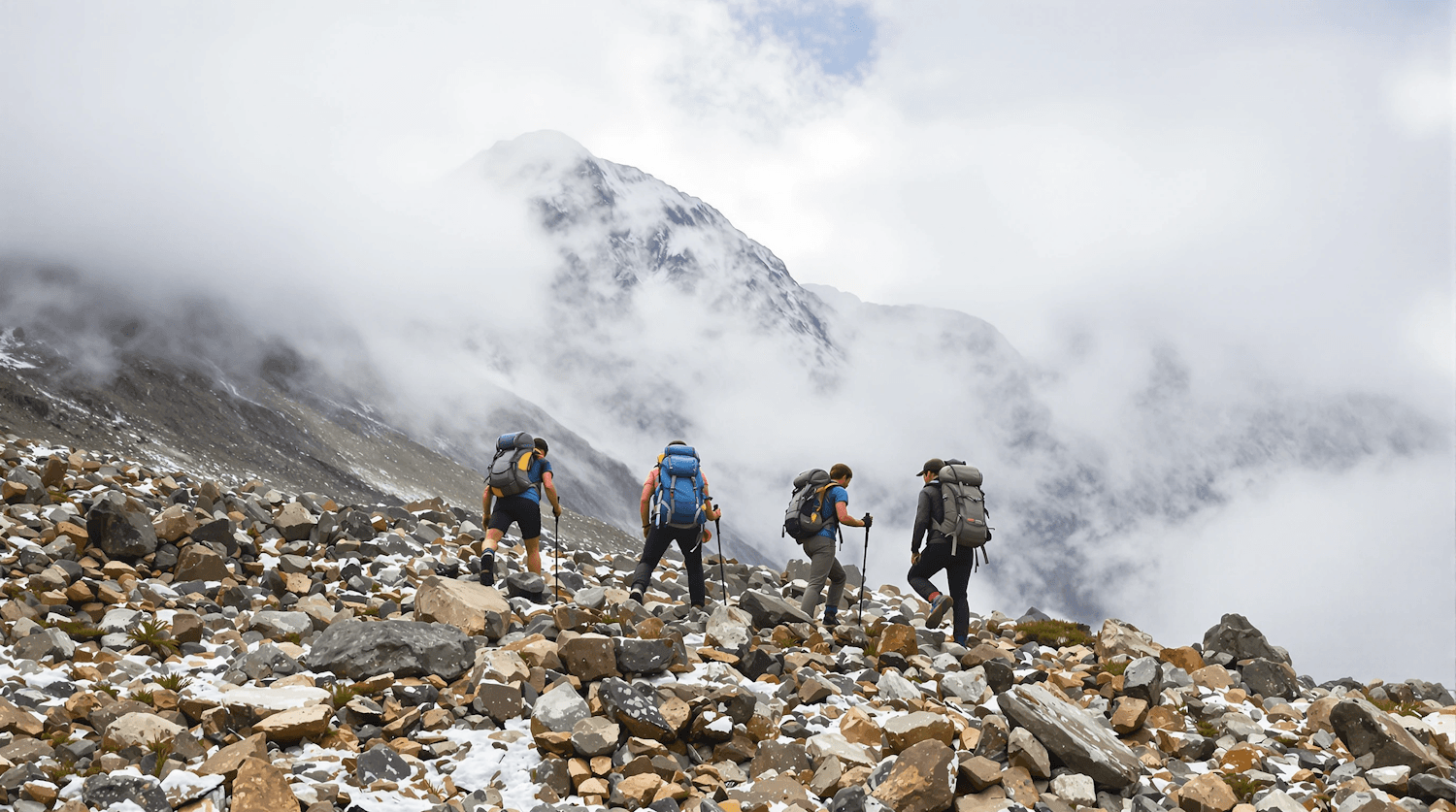 Four hikers crossing a rocky, snow-dusted mountain landscape