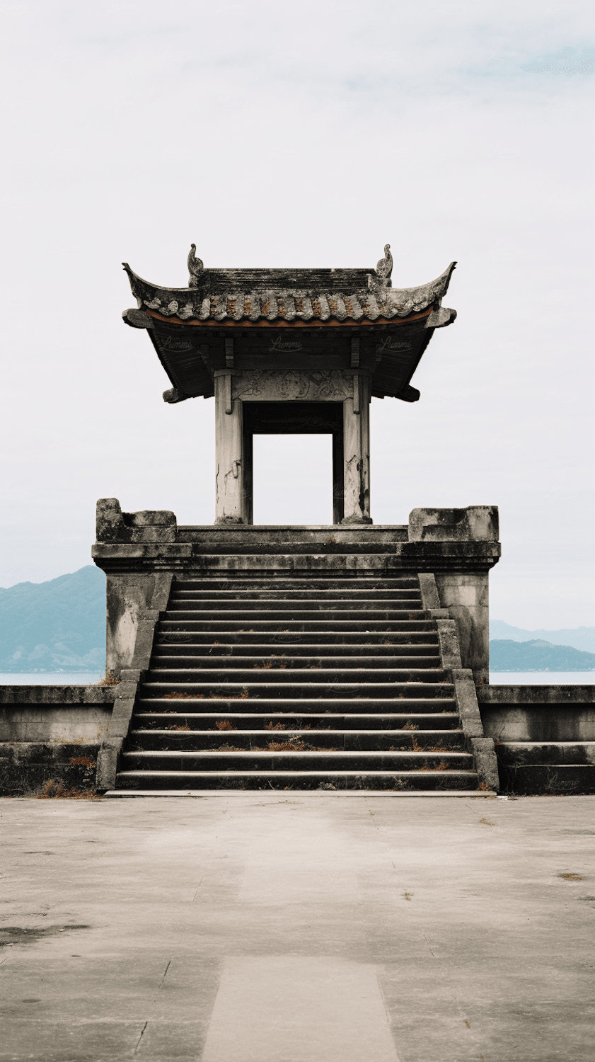 A traditional pagoda-roofed building above stone steps