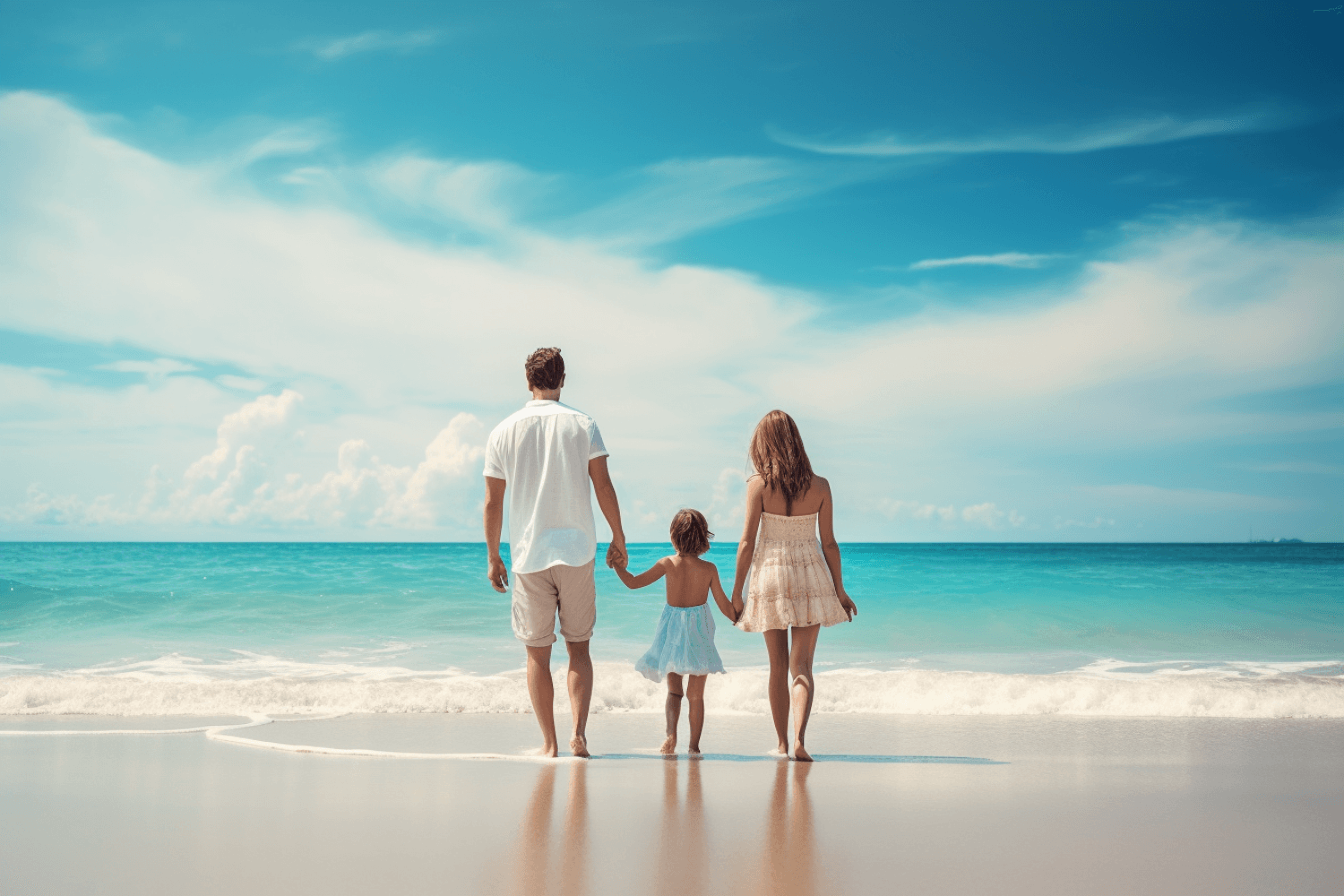 A family holding hands on a sunny beach, facing the sea