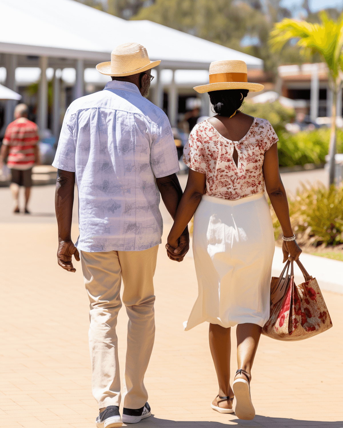 A couple in straw hats walking hand in hand in the sun