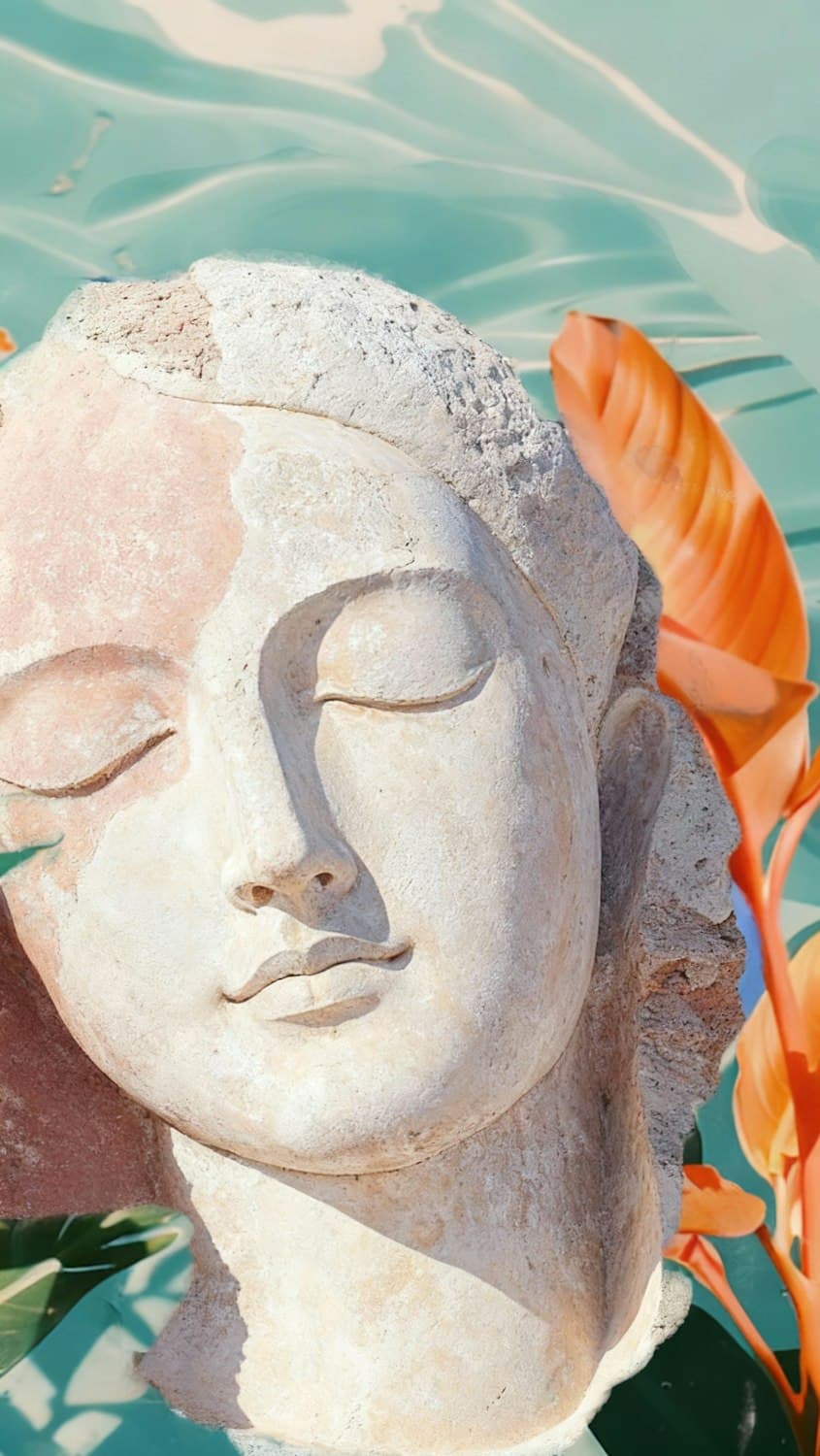 A stone sculpture surrounded by bright tropical flowers