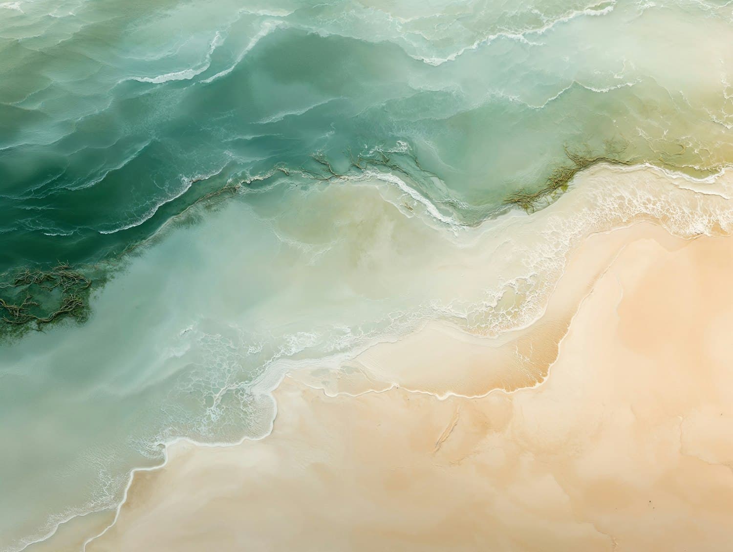 An aerial view of turquoise waves meeting golden sand