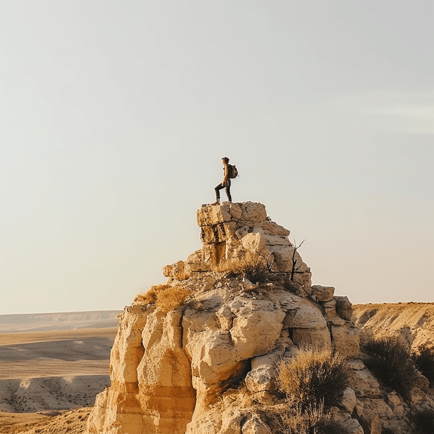A hiker standing on a rock formation above a vast landscape