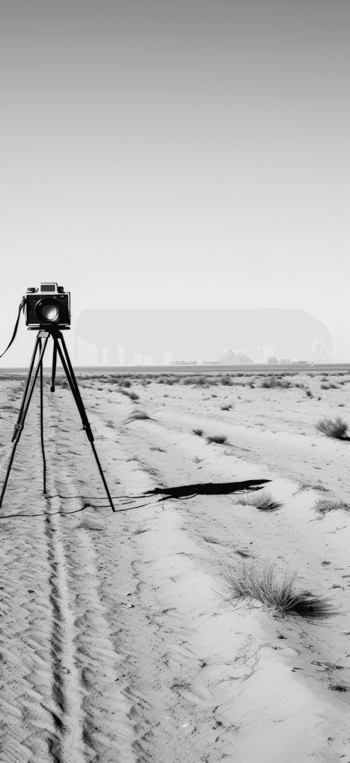 A vintage camera on a tripod in the desert with pyramids in the distance