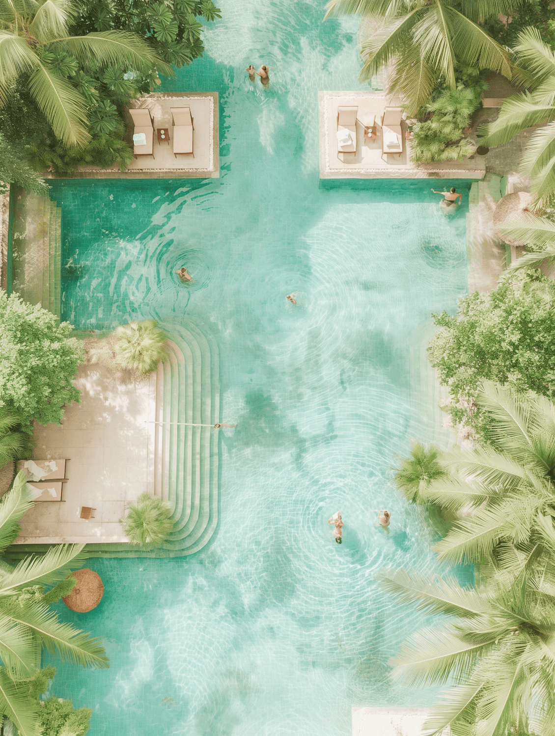 An aerial view of a tropical pool surrounded by lush greenery