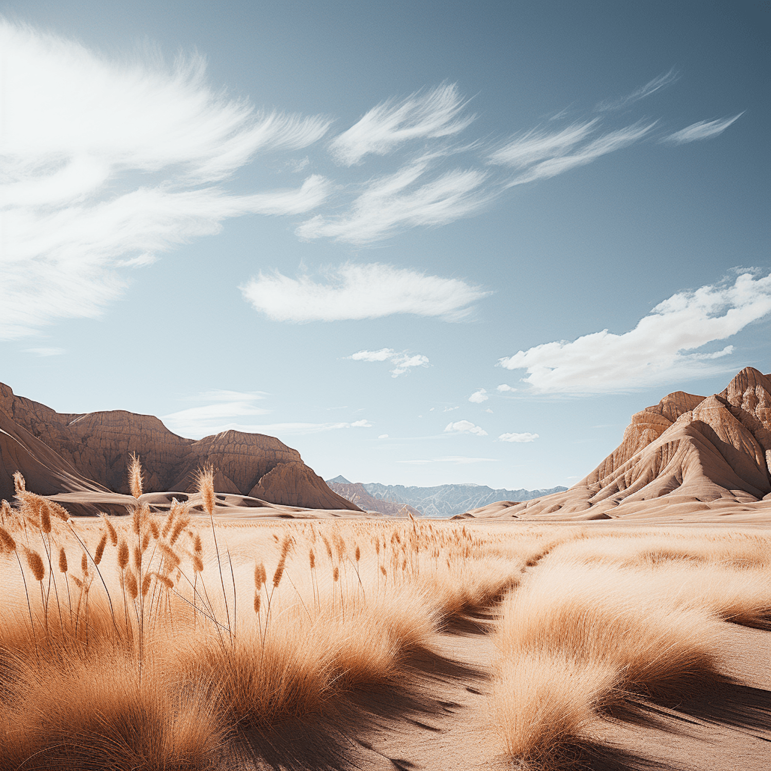 Golden desert dunes under a blue sky with distant mountains