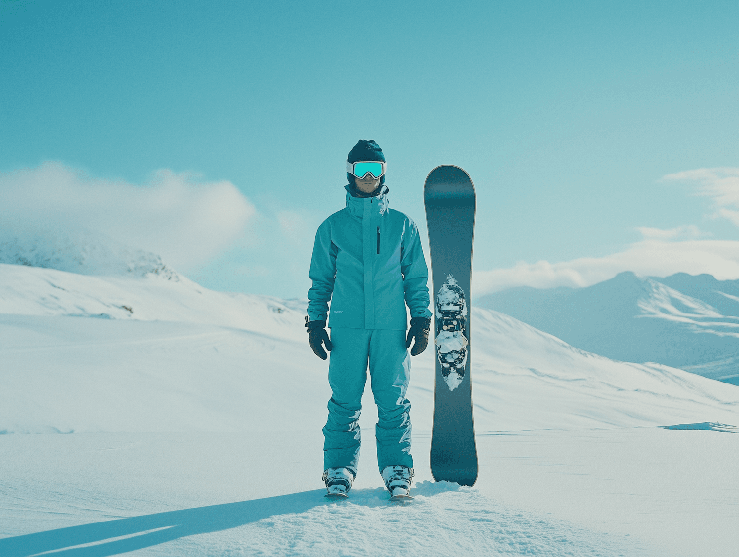A snowboarder standing on a snowy mountain slope under a clear blue sky