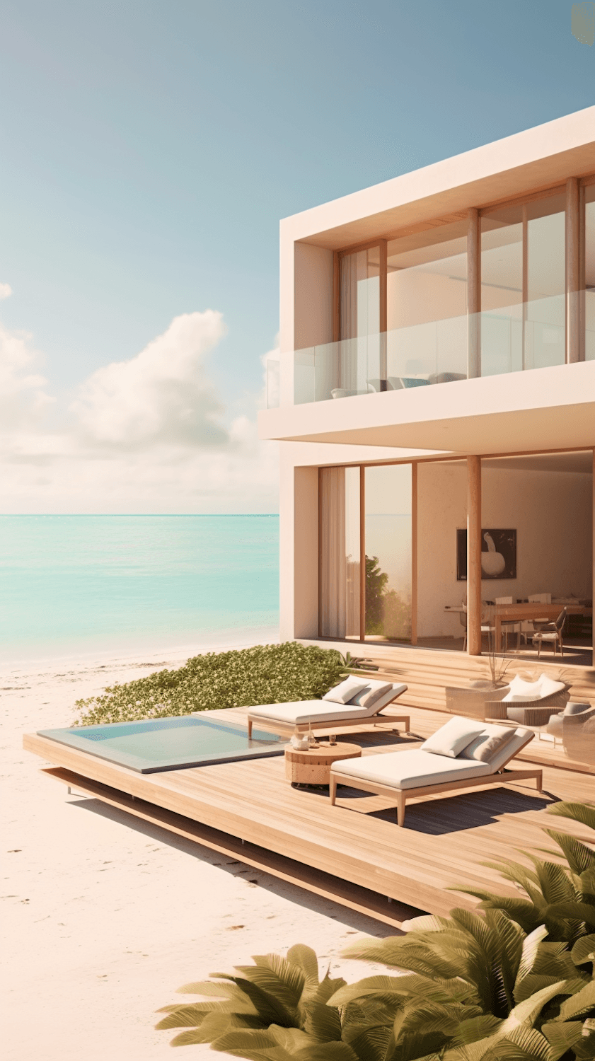 A beachfront villa with an infinity pool and sun loungers facing the ocean