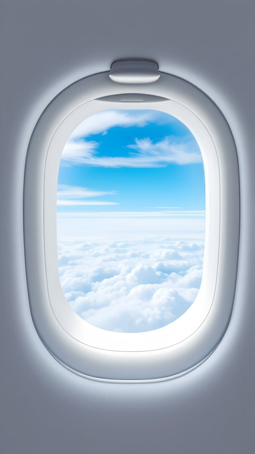 Clouds and blue sky seen through an aeroplane window